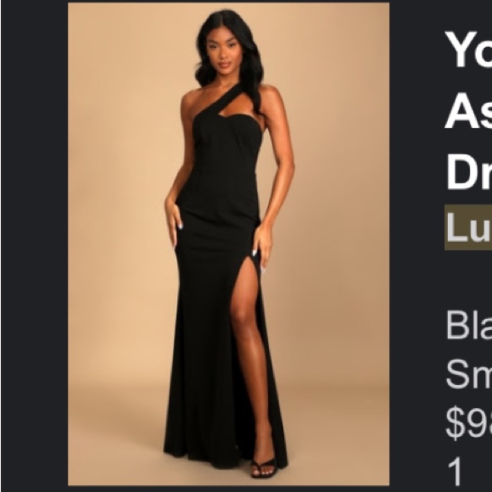 Lulu's black one shoulder mermaid maxi dress. Size small.